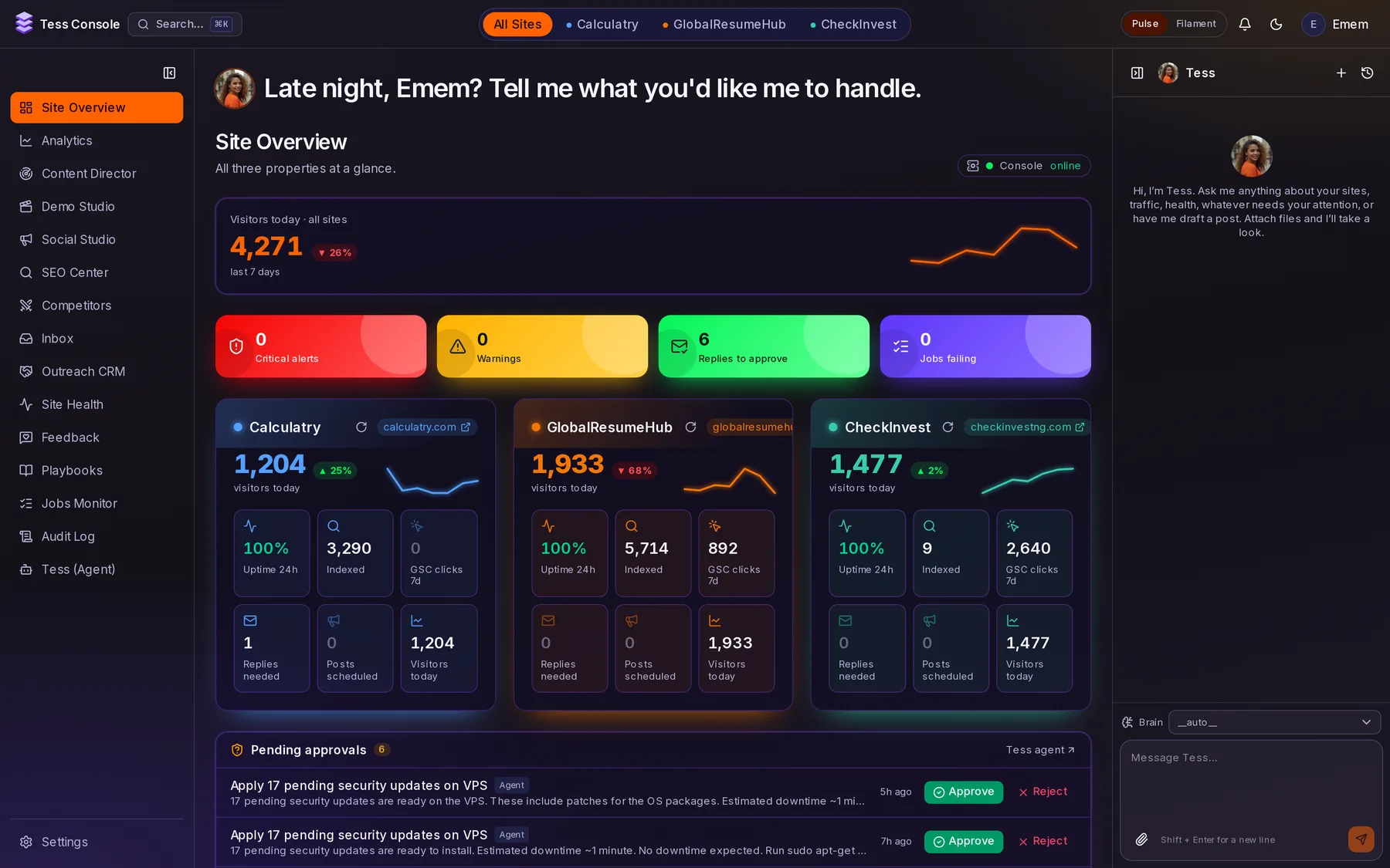 Screenshot of the Tess Console dashboard