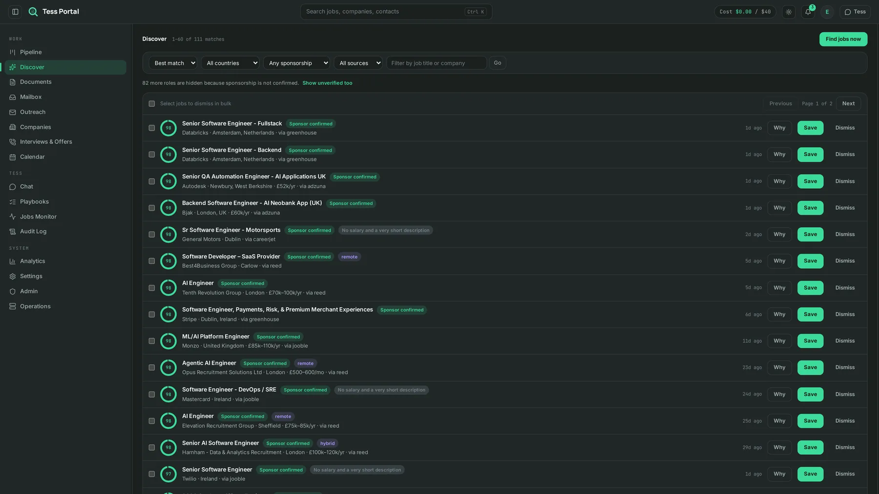 Screenshot of the Tess Portal platform